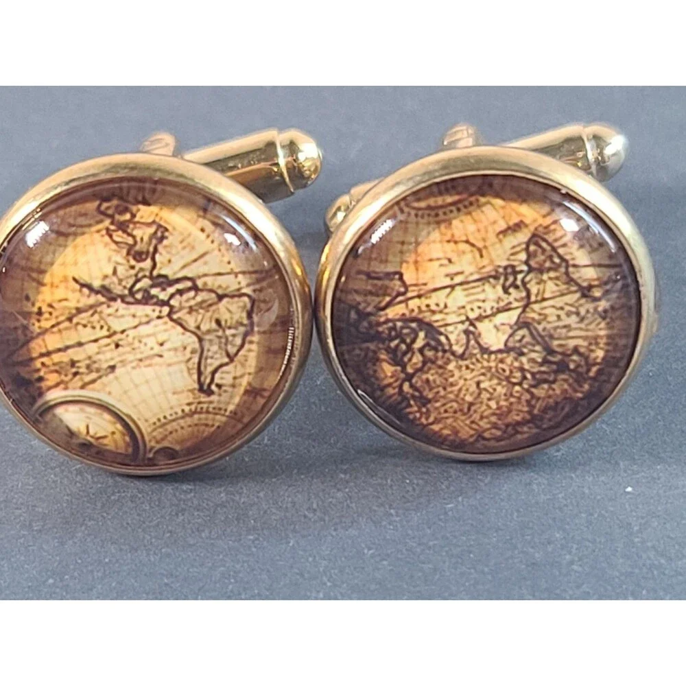 3 Piece Vintage World Map Cufflinks and Tie Clip Set